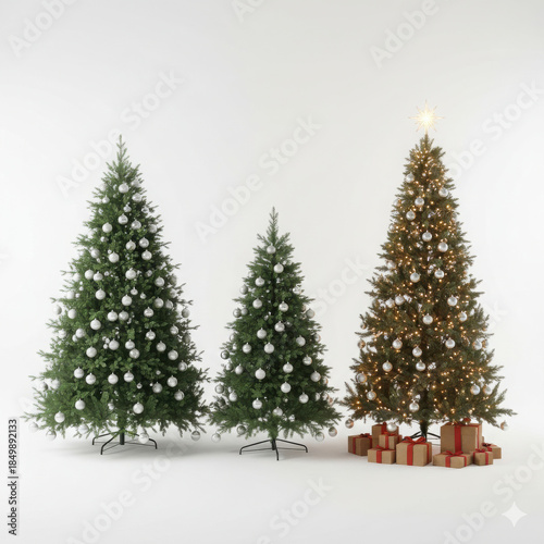 Three christmas trees with decorations and gift boxes