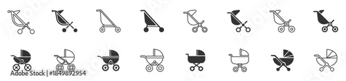 Set of baby stroller icons. Buggy carriage. Baby carriage, pram, stroller symbols. Pram icon, Baby carriage line and glyph icons, stroller, carriage vector icons on white background. Vector