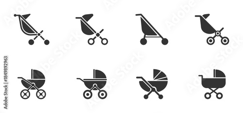Set of baby stroller icons. Buggy carriage. Baby carriage, pram, stroller symbols. Pram icon, Baby carriage line and glyph icons, stroller, carriage vector icons on white background. Vector