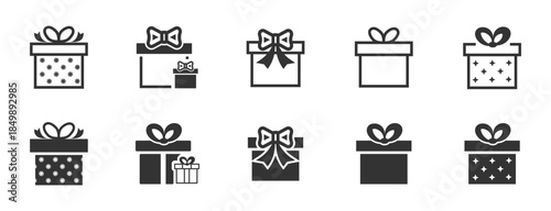 Gift box icons set. Surprise package. Surprise gift boxes collection. Collection of gift boxes with ribbon. Christmas gift icon illustration. Style of lines and silhouettes. Vector illustration.
