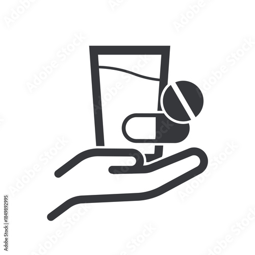 Isolated pictogram of person drinking medicine, head tilted upward, one hand holding glass of water, symbolizing health and medical care.