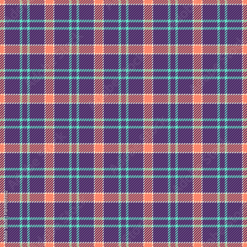 Deco tartan background texture, large seamless textile pattern. Production fabric vector check plaid in violet and red colors.