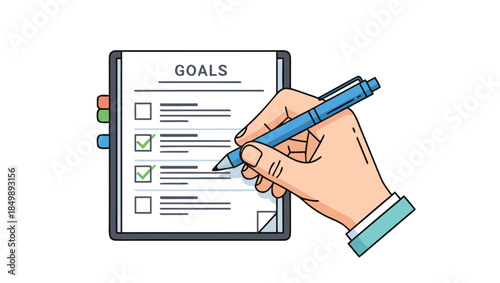 Linear color vector icon of hand marking goals on clipboard checklist