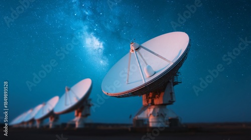 Satellite ground station dish array. giant parabolic antennas made of white aluminum. starry night sky with Milky Way.