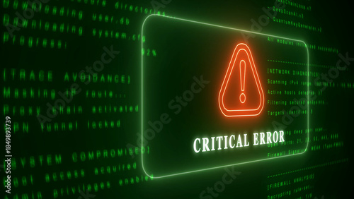 Neon green digital screen displays critical error warning with red exclamation mark and code image