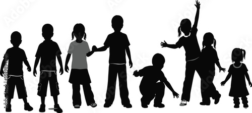 Set of Black Vector Silhouettes Featuring a Diverse Group of Young Boys and Girls Playing, Ideal for Childhood, Education, Family, and Social Community Concepts.