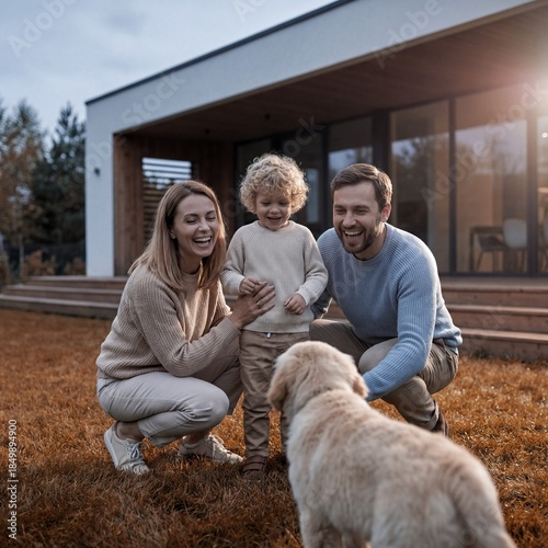 Family enjoys time together outside with their dog at home