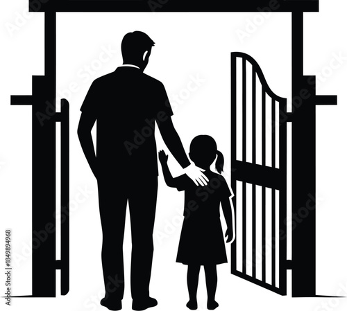 Father and daughter silhouette entering through an open gate symbolizing guidance protection and new beginnings