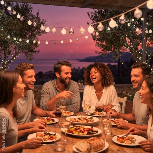 Friends enjoy dinner together at sunset by the coast