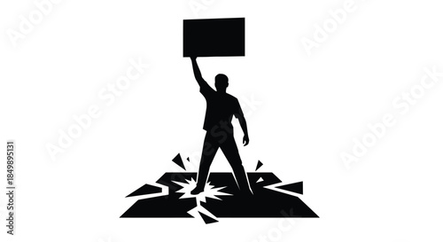 Silhouette of protesting man holding blank sign stands on cracked ground symbolizing revolution and change