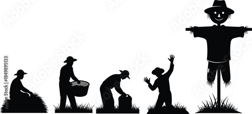 Set of Farmer and Gardener Silhouettes Working in the Field Next to a Traditional Smiling Scarecrow, Vector Illustration.