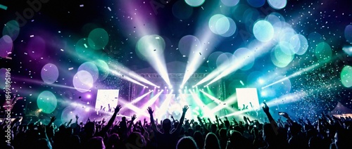 Music event with bright lights and crowd enjoying near stage