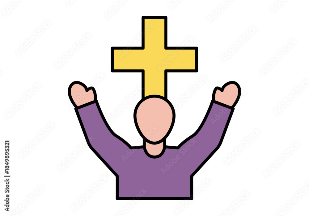 Obraz premium Icono de sacerdote cristiano adorando con brazos levantados frente a una cruz religiosa
