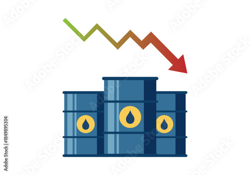 Barriles de petróleo con flecha de tendencia bajista de los precios