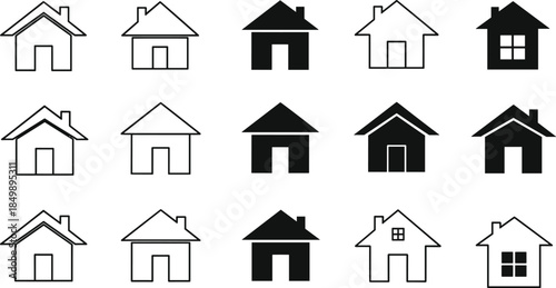 PrintSet of fifteen diverse black and white home icons vector, featuring different house outline and filled styles for user interface design and website navigation menus.
