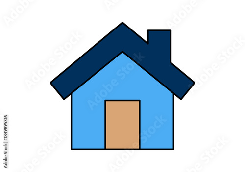 Casa azul con chimenea y puerta marrón