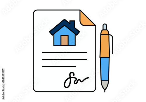 Icono de contrato de compraventa de casa firmado con bolígrafo
