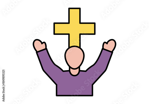 Icono de sacerdote cristiano adorando con brazos levantados frente a una cruz religiosa