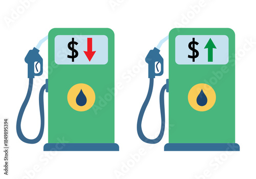 Ilustración de bombas de gasolina con flechas de subida y bajada de precios