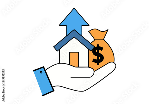 Ilustración de concepto de inversión inmobiliaria con casa y dinero en alza