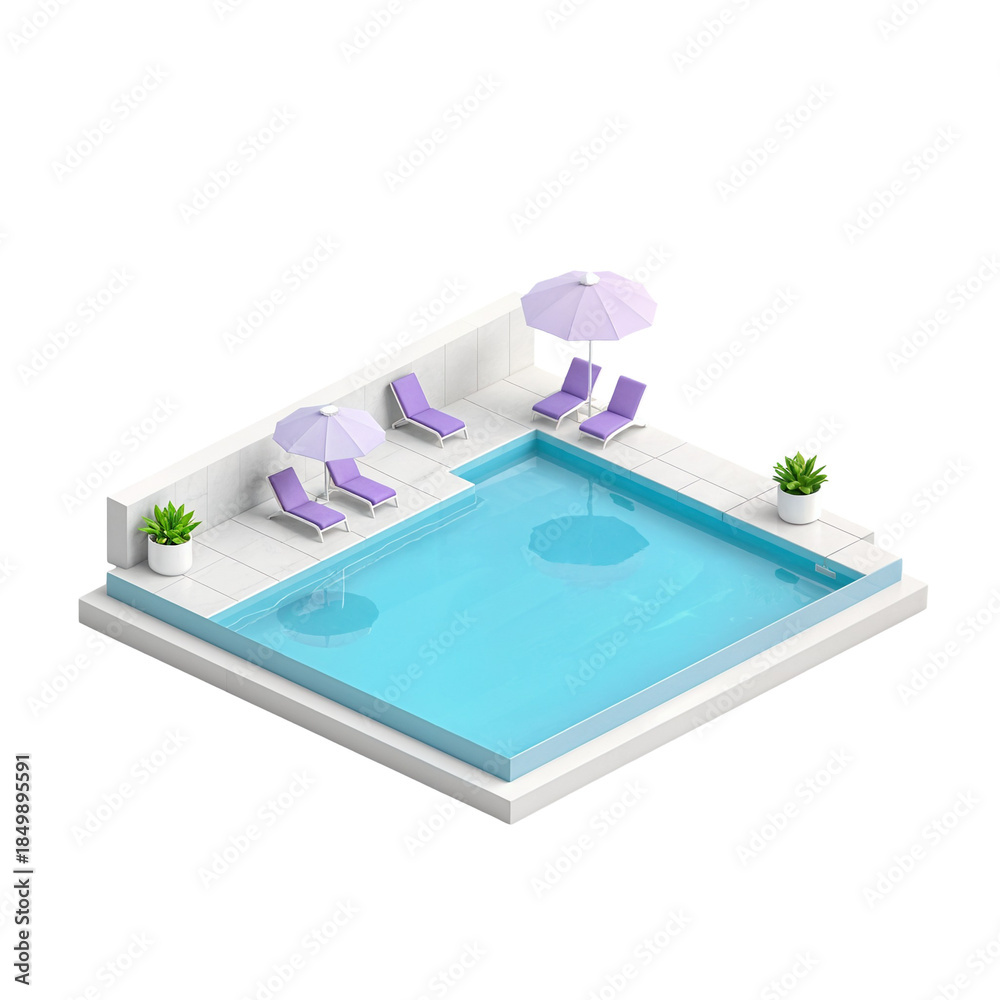 Fototapeta premium Isometric Swimming Pool with Lounge Chairs and Umbrellas