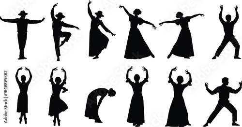 Set of ten diverse male and female dancers and performers in elegant poses, representing classical ballet, theatrical performance, choreography, and artistic expression silhouettes.