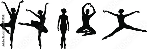 Ballet dancer silhouette collection showing elegant dance poses jumps balance movement isolated on white background for performing arts design concepts
