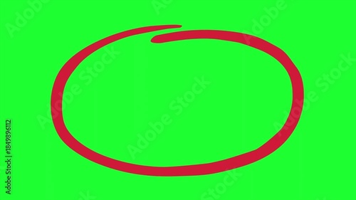 Red hand drawn circle marking animation on green screen background for highlight focus selection frame overlay video element