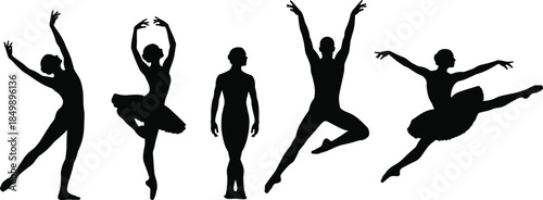 Ballet dancer silhouette set showing graceful jumps poses balance artistic movement isolated on white background for classical dance design concepts