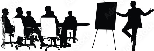 Business meeting silhouettes showing presenter explaining ideas to corporate team during conference training presentation vector illustration isolated white background
