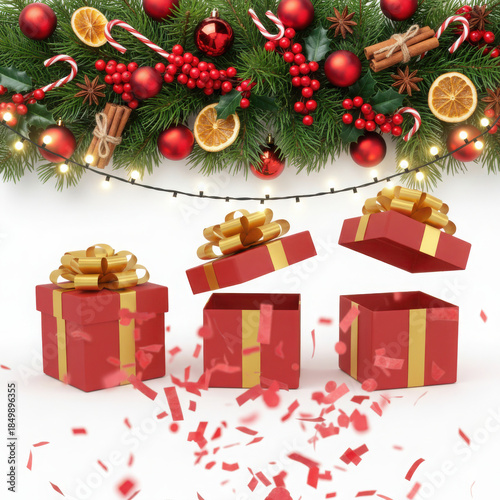 Christmas gift boxes surrounded by festive decorations and confetti