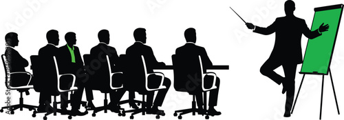 Business presentation silhouettes showing trainer explaining strategy to corporate team during meeting seminar vector illustration isolated white background