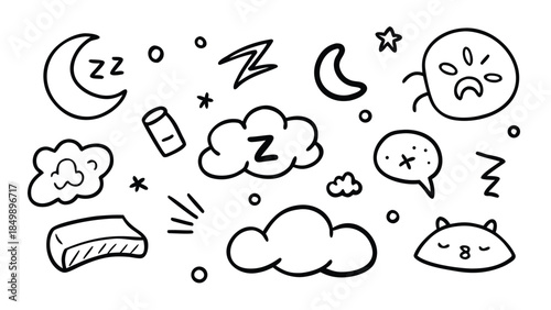 Illustration of a sleeping figure with dialogue bubbles, representing the phenomenon of sleep talking..eps