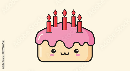 Cute birthday cake character with pink frosting and lit candles celebrating a special occasion