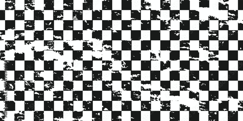 Fototapeta premium Trippy checkerboard background. Retro psychedelic checkered wallpaper. Wavy groovy chessboard surface. Distorted geometric grid chess pattern. Abstract black and white race flag backdrop. Vector