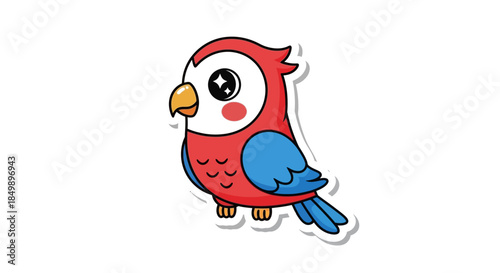 Cute cartoon bird with vibrant red and blue feathers and large sparkling eyes