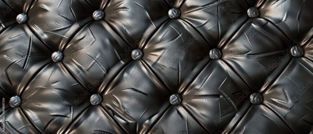 Fototapeta premium High-resolution close-up of luxurious black tufted leather with a diamond quilted pattern, showcasing a glossy finish and soft padded texture ideal for furniture or fashion design.