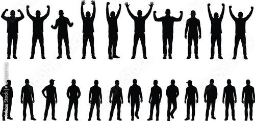 Men silhouettes set showing standing victory poses casual postures male body gestures vector illustration isolated on white background