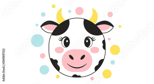 Cute cartoon cow character with horns and colorful background for kids fun design