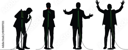 Singer performer silhouette collection with microphone showing stage performance gestures isolated on white background for music concert entertainment design concepts