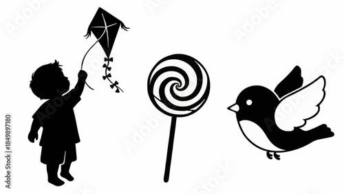 Diverse collection of delightful graphic elements, including a playful child flying a kite, a sweet spiral lollipop, and a charming little bird silhouette