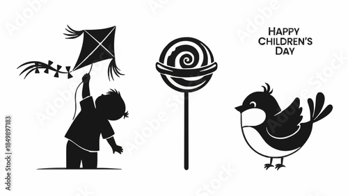 Happy Children's Day Celebration with Kite Flying, Lollipop, and Cute Bird Illustration