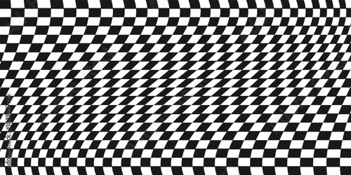Trippy checkerboard background. Retro psychedelic checkered wallpaper. Wavy groovy chessboard surface. Distorted geometric grid chess pattern. Abstract black and white race flag backdrop. Vector