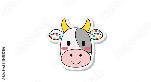 Cute cartoon cow face with colorful ears and yellow horns on a plain background