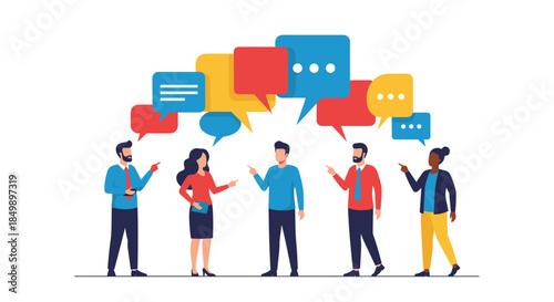 Diverse group of business people stand together talking and exchanging ideas, with colorful speech bubbles above their heads.