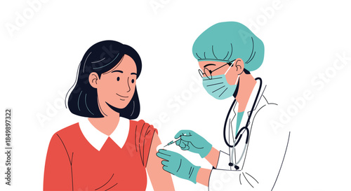 Young woman receives a vaccine injection in her arm from a female doctor wearing a face mask, gloves, and a surgical cap.