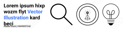 Knowledge exploration, creativity, insight, innovation, search, and discovery. Magnifying glass, triangular eye symbol and lightbulb outline. Search and creativity concept