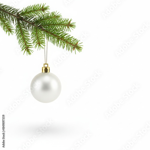 White christmas ornament hanging from a fir branch