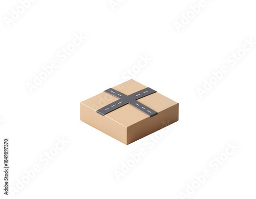 3D Isometric Cardboard Delivery Box with Road Markings