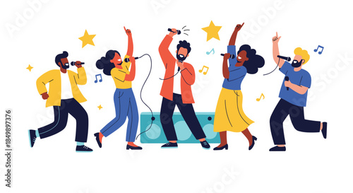 Group of diverse and happy friends singing karaoke together, holding microphones and dancing with musical notes and stars around.